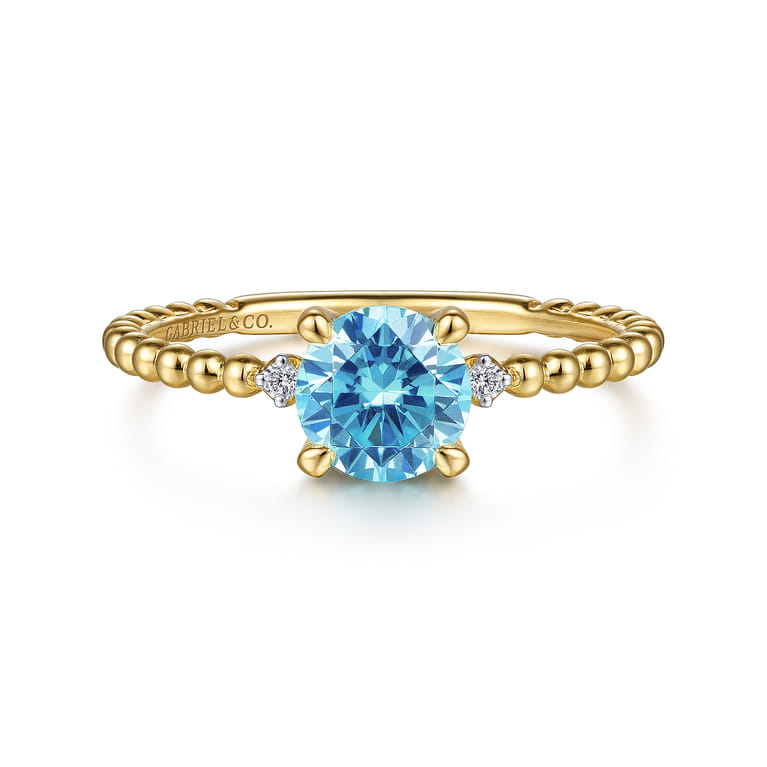 Promise Ring - 14K Yellow Gold Round Swiss Blue Topaz and Diamond Bujukan Promise Ring - 0.02 ct - Shot 1