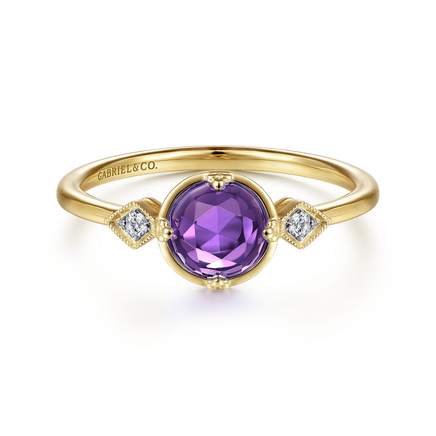 Promise Ring - 14K Yellow Gold Three Stone Amethyst and Diamond Promise Ring - 0.03 ct - Shot 1