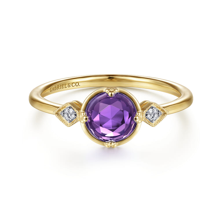 Promise Ring - 14K Yellow Gold Three Stone Amethyst and Diamond Promise Ring - 0.03 ct - Shot 1