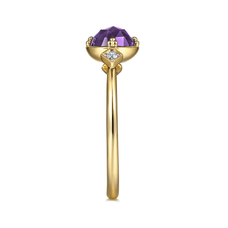 Promise Ring - 14K Yellow Gold Three Stone Amethyst and Diamond Promise Ring - 0.03 ct - Shot 4