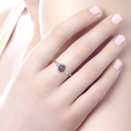 Promise Ring - 14K Yellow Gold Three Stone Amethyst and Diamond Promise Ring