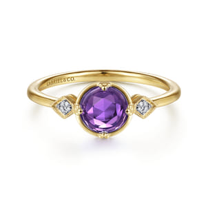 Promise Ring - 14K Yellow Gold Three Stone Amethyst and Diamond Ring