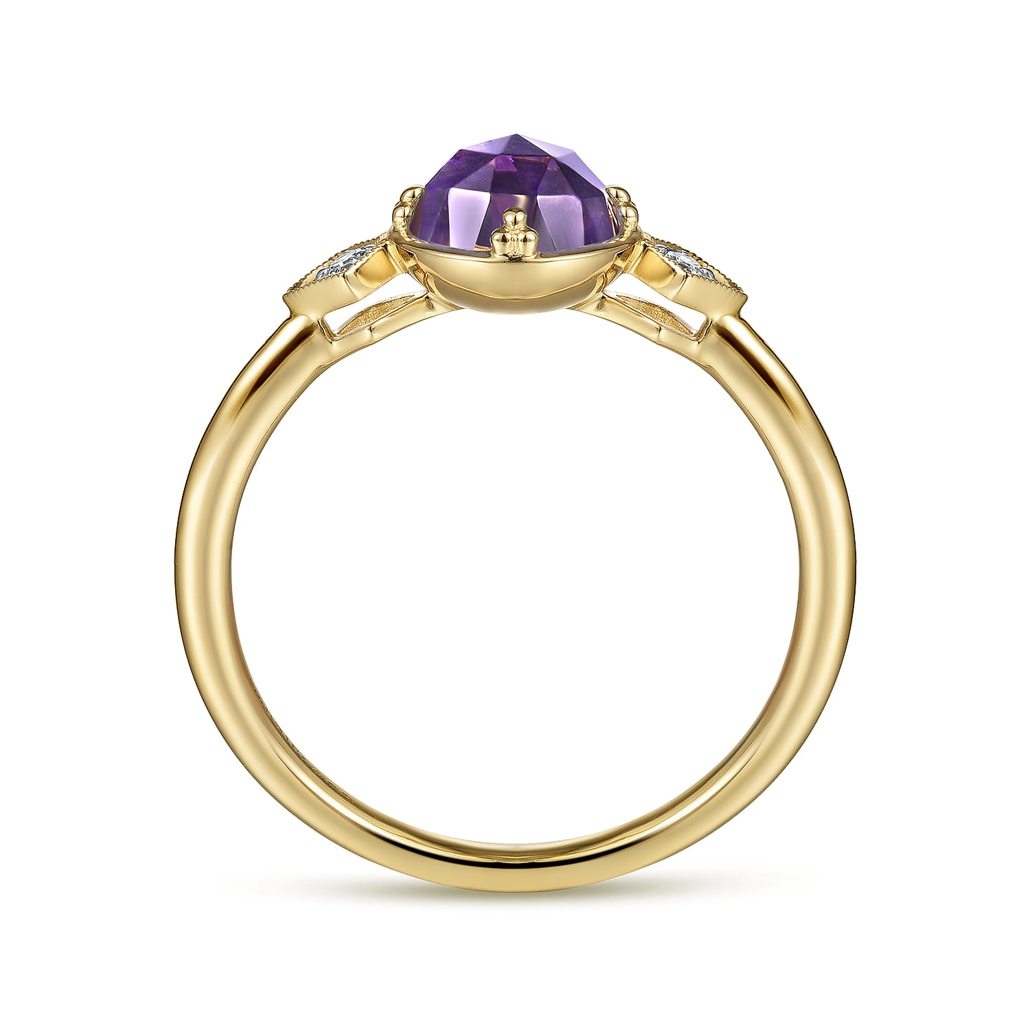 Promise Ring - 14K Yellow Gold Three Stone Amethyst and Diamond Ring