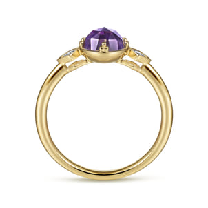 Promise Ring - 14K Yellow Gold Three Stone Amethyst and Diamond Ring