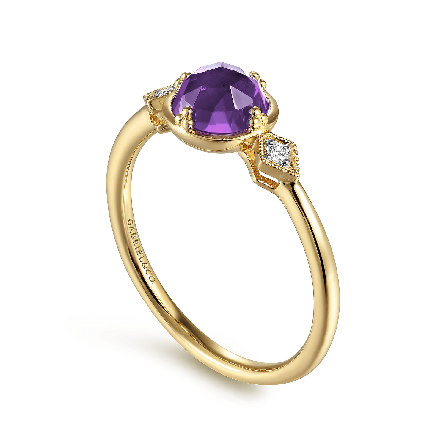 Promise Ring - 14K Yellow Gold Three Stone Amethyst and Diamond Ring