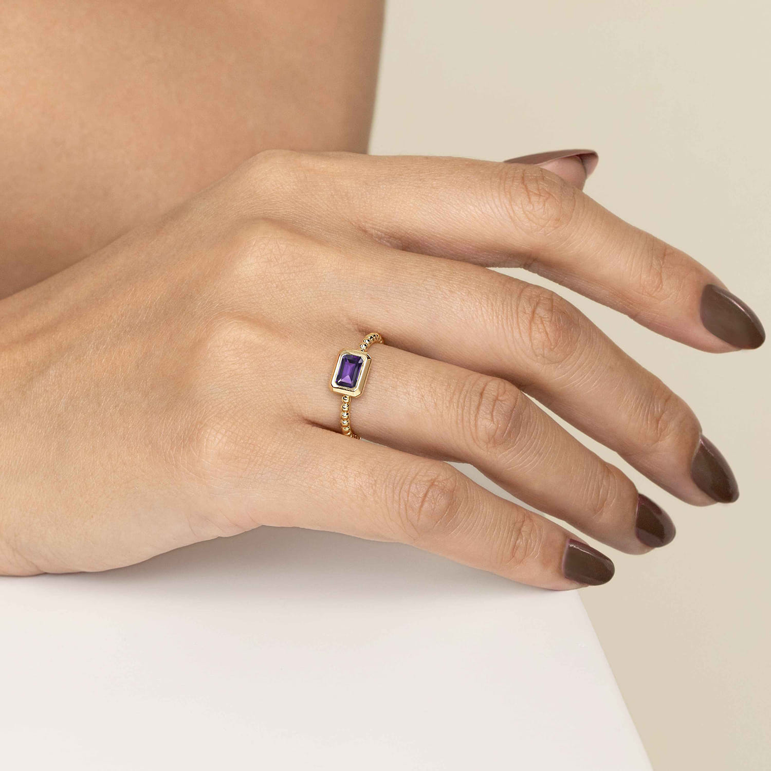 Promise Ring - 14K Yellow Plain Gold Bujukan And Amethyst Stackable Promise Ring - Shot 5