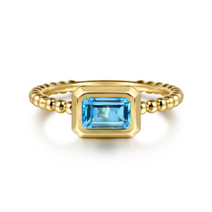 Promise Ring - 14K Yellow Plain Gold Bujukan And Blue Topaz Stackable Ring