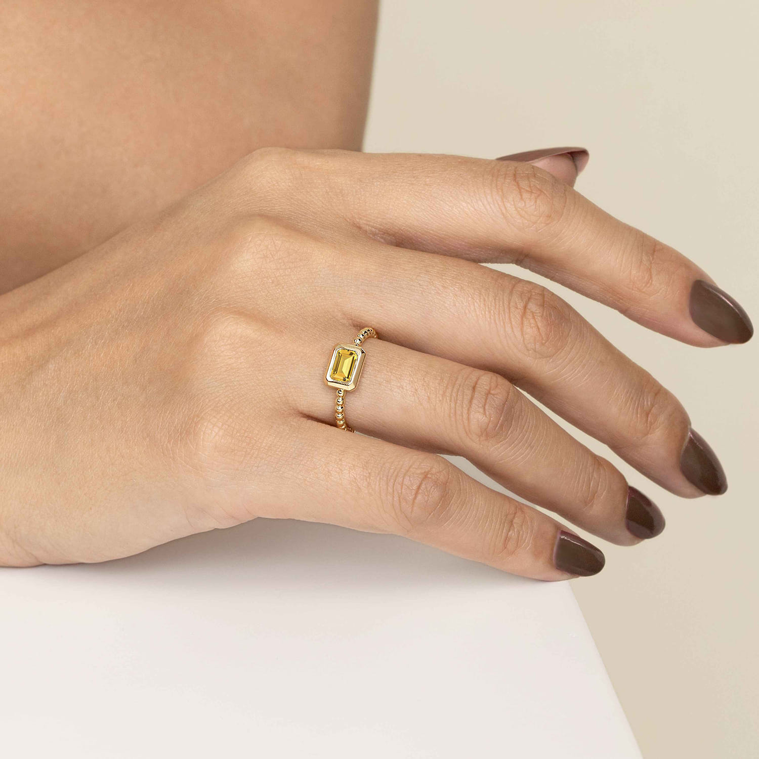 Promise Ring - 14K Yellow Plain Gold Bujukan And Citrine Stackable Promise Ring - Shot 5