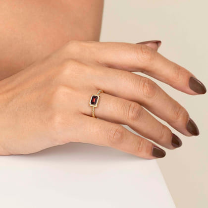 Promise Ring - 14K Yellow Plain Gold Bujukan and Garnet Stackable Promise Ring