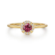 Promise Ring - 14k Yellow Gold Round Cut Diamond Halo  Pink Tourmaline Promise Ring