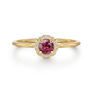 Promise Ring - 14k Yellow Gold Round Cut Diamond Halo  Pink Tourmaline Promise Ring