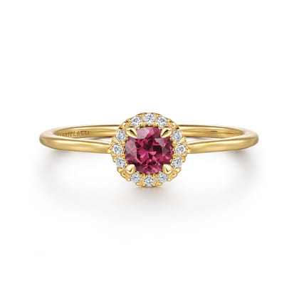Promise Ring - 14k Yellow Gold Round Cut Diamond Halo  Pink Tourmaline Promise Ring