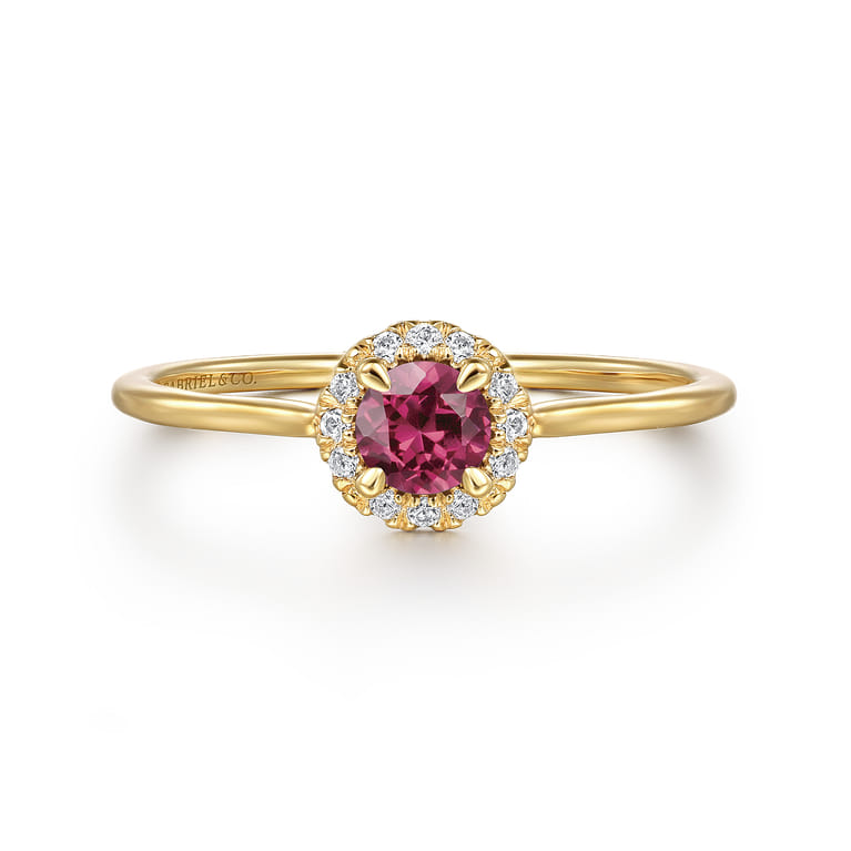 Promise Ring - 14k Yellow Gold Round Cut Diamond Halo  Pink Tourmaline Promise Ring - 0.06 ct - Shot 1
