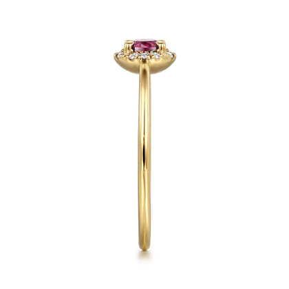 Promise Ring - 14k Yellow Gold Round Cut Diamond Halo  Pink Tourmaline Promise Ring