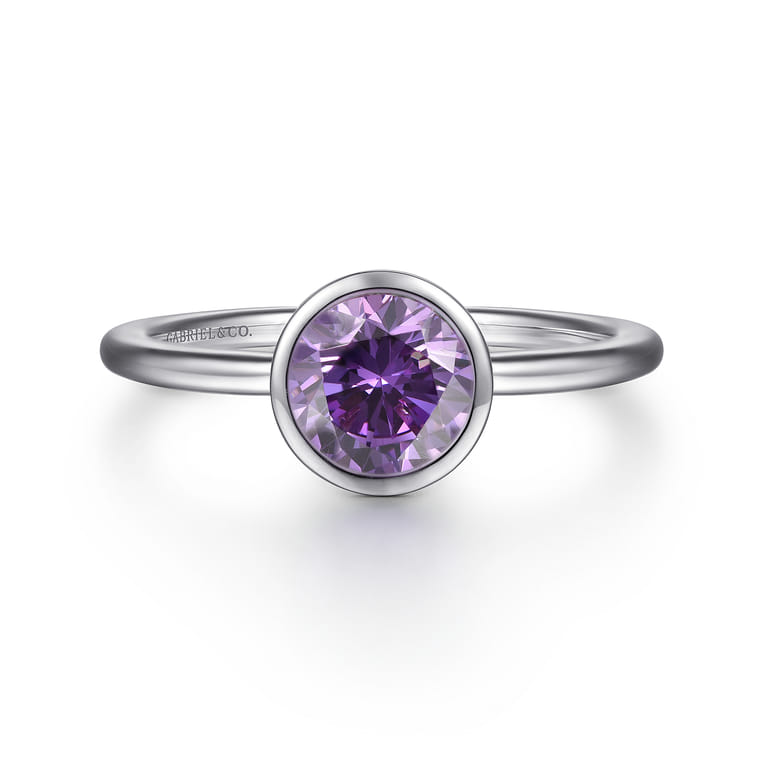 Promise Ring - 925 Sterling Silver Bezel Set Amethyst Solitaire Ring - Shot 1