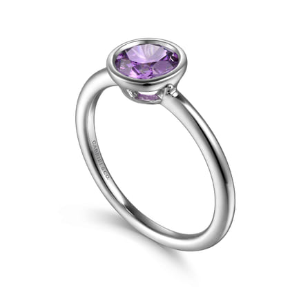 Promise Ring - 925 Sterling Silver Bezel Set Amethyst Solitaire Ring