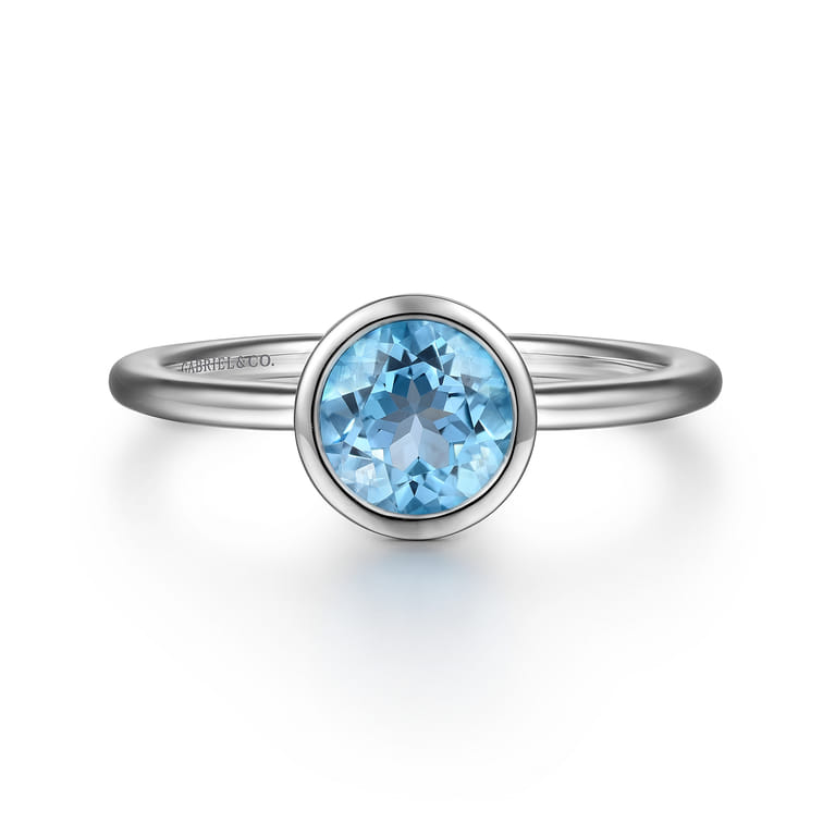 Promise Ring - 927 Sterling Silver Bezel Set Blue Topaz Solitaire Ring - Shot 1