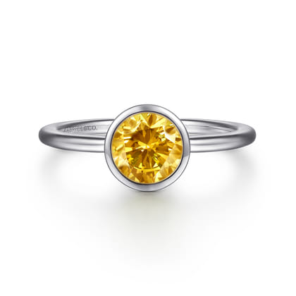 Promise Ring - 928 Sterling Silver Bezel Set Citrine Solitaire Ring