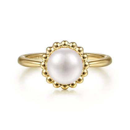 Promise Ring - Beaded Signet Promise Ring 14K Yellow Gold Pearl Bujukan