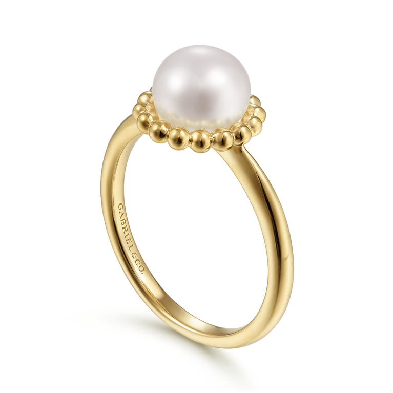 Promise Ring - Beaded Signet Promise Ring 14K Yellow Gold Pearl Bujukan - Shot 3
