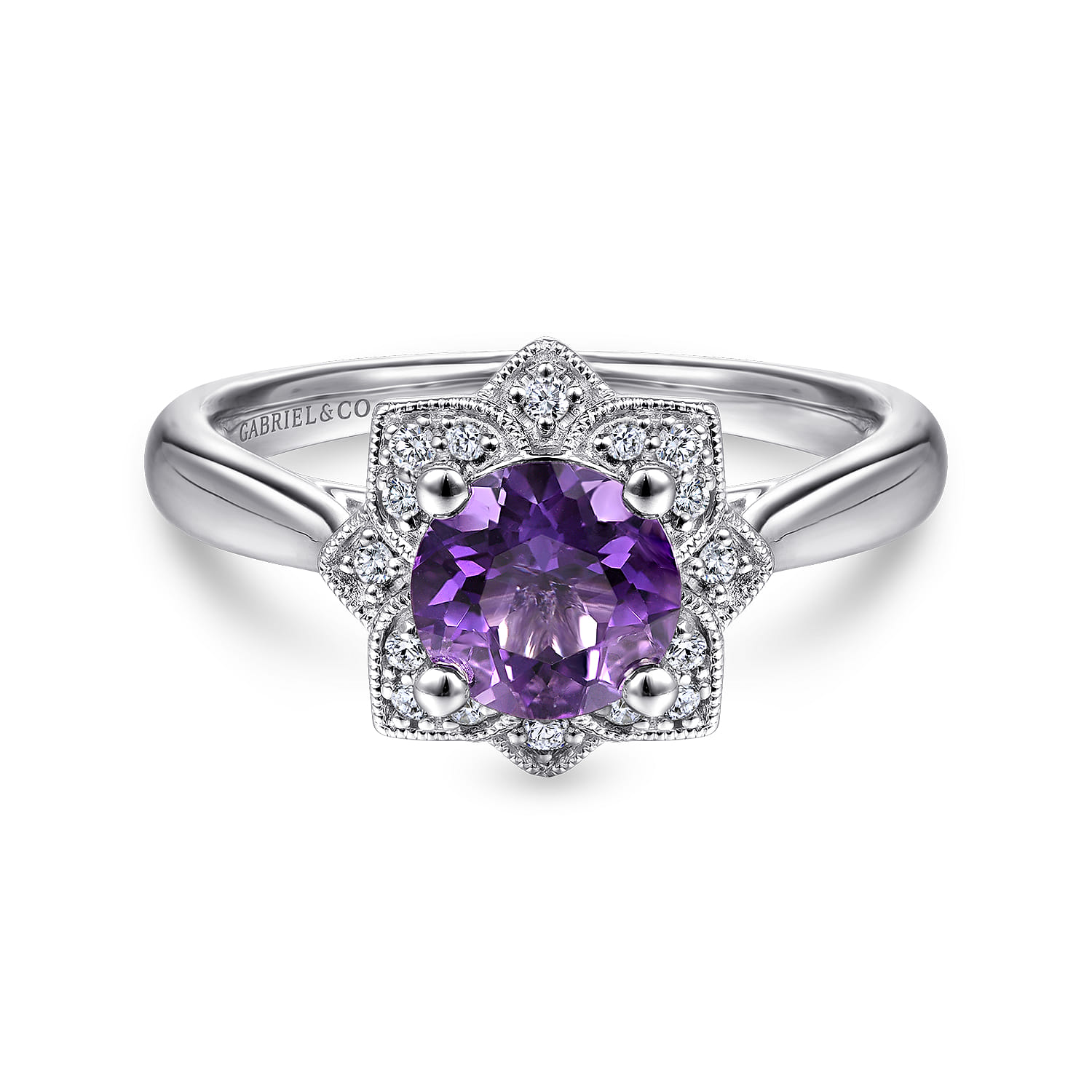 Promise Ring - Vintage Inspired 14K White Gold Round Amethyst and Diamond Flower Promise Ring - 0.09 ct - Shot 1