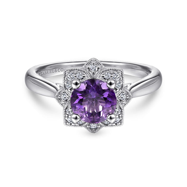 Promise Ring - Vintage Inspired 14K White Gold Round Amethyst and Diamond Flower Promise Ring - 0.09 ct - Shot 1