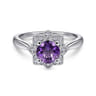 Promise Ring - Vintage Inspired 14K White Gold Round Amethyst and Diamond Flower Promise Ring - 0.09 ct