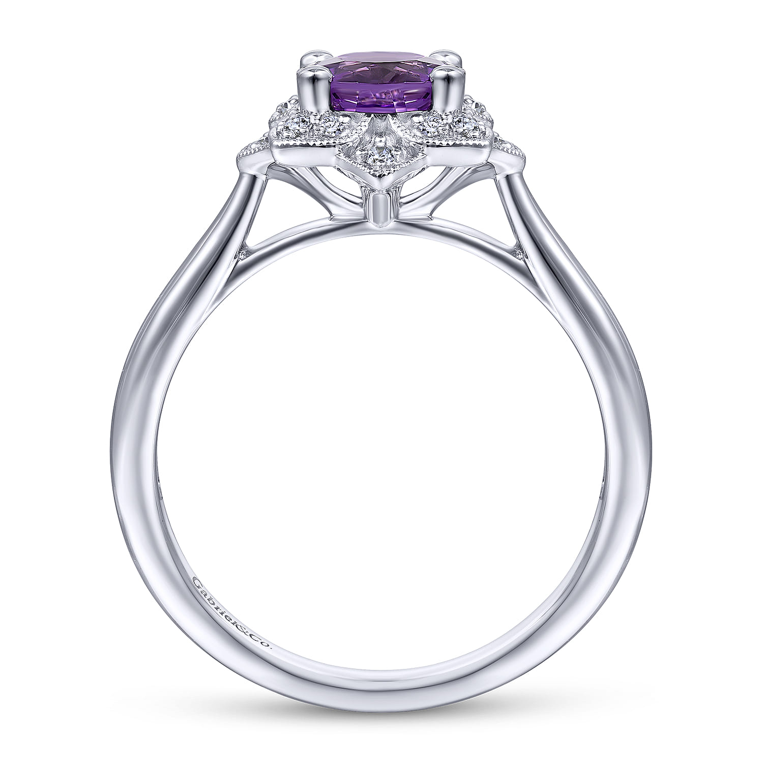 Promise Ring - Vintage Inspired 14K White Gold Round Amethyst and Diamond Flower Promise Ring - 0.09 ct - Shot 2