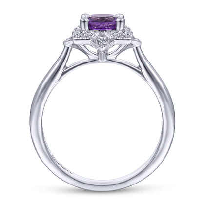 Promise Ring - Vintage Inspired 14K White Gold Round Amethyst and Diamond Flower Promise Ring
