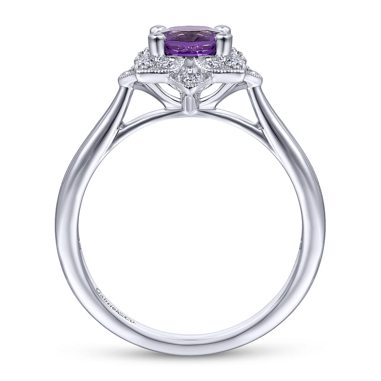 Promise Ring - Vintage Inspired 14K White Gold Round Amethyst and Diamond Flower Promise Ring - 0.09 ct - Shot 2