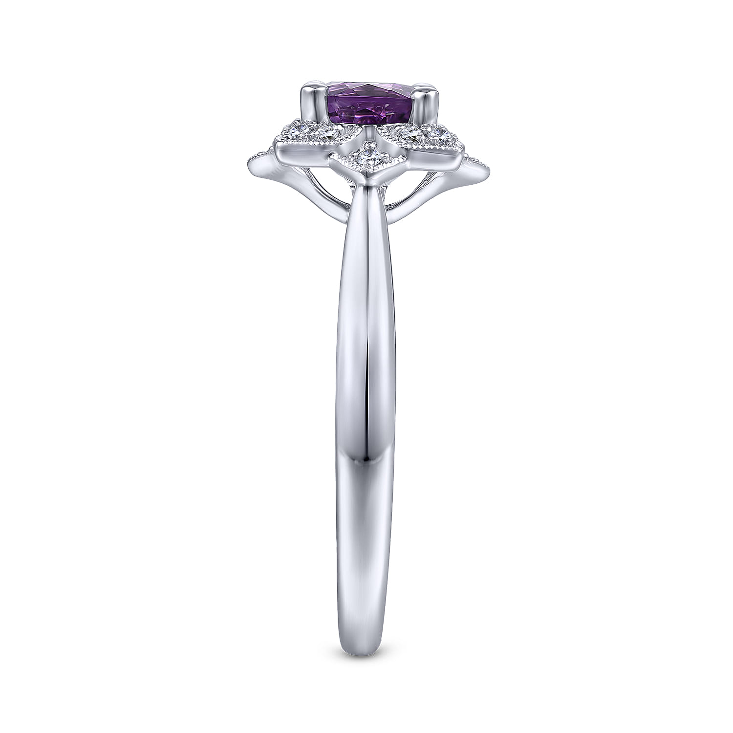 Promise Ring - Vintage Inspired 14K White Gold Round Amethyst and Diamond Flower Promise Ring - 0.09 ct - Shot 4