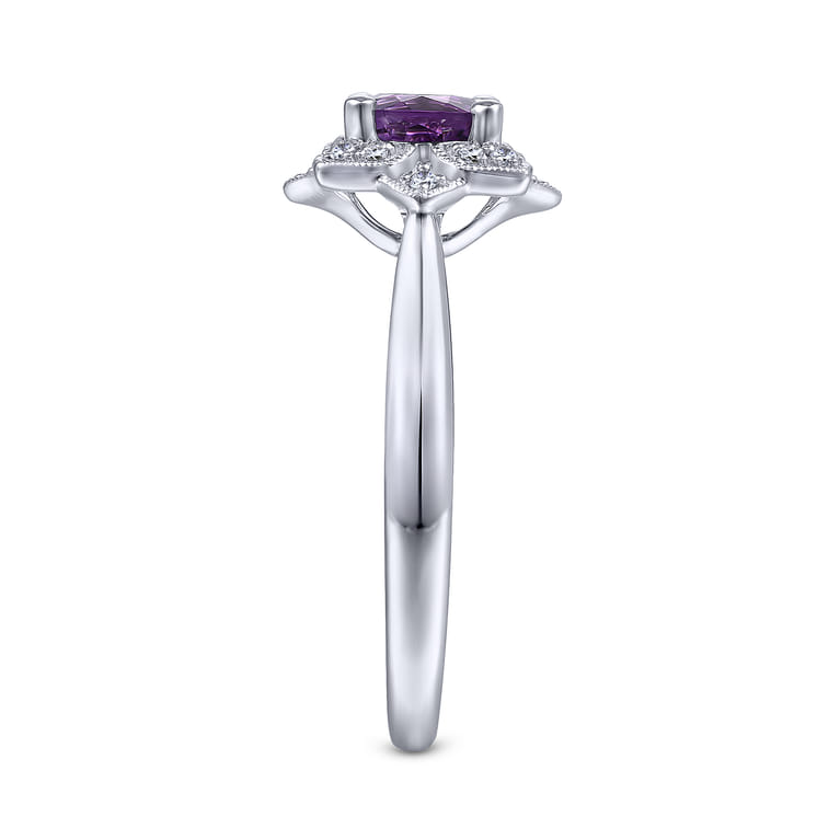 Promise Ring - Vintage Inspired 14K White Gold Round Amethyst and Diamond Flower Promise Ring - 0.09 ct - Shot 4