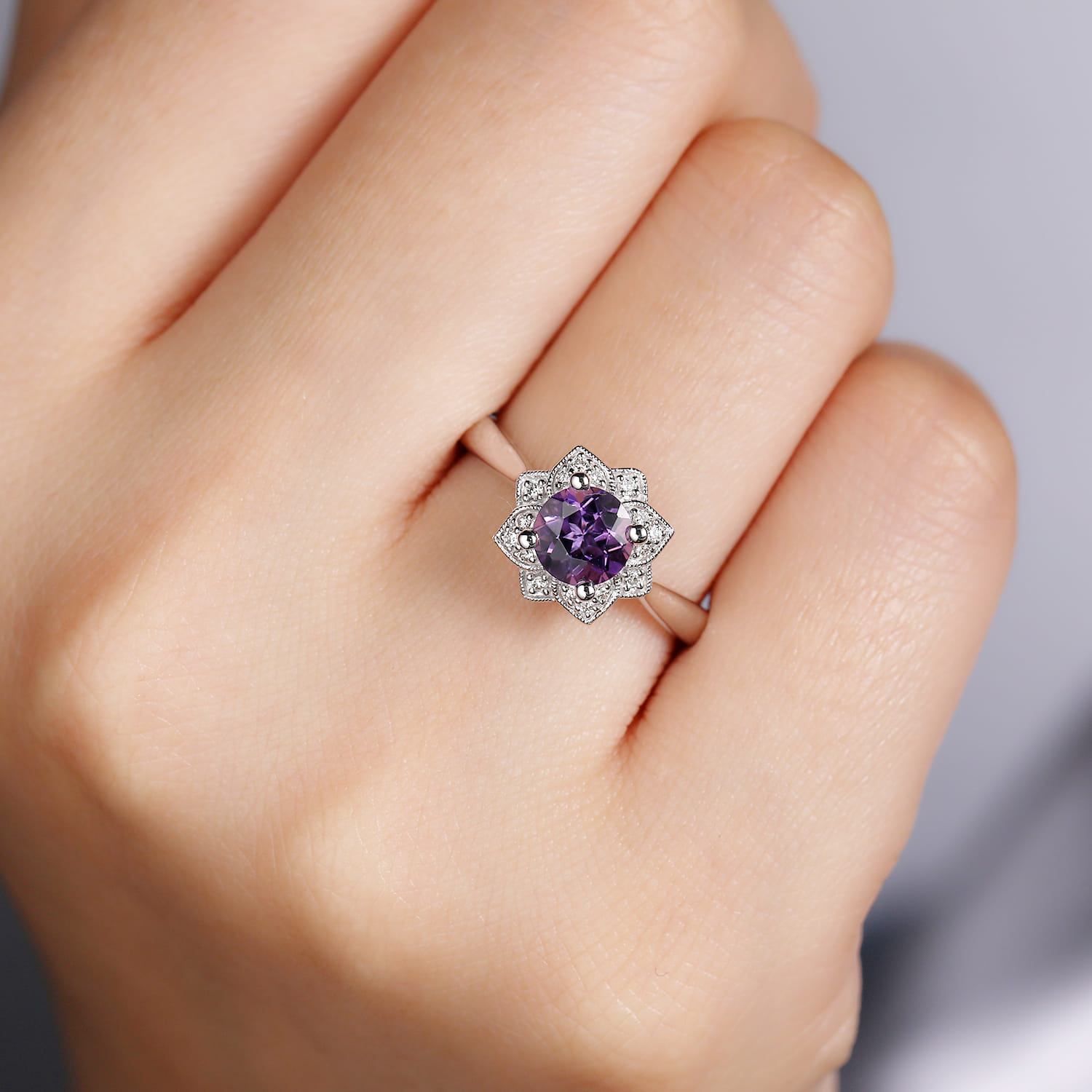 Promise Ring - Vintage Inspired 14K White Gold Round Amethyst and Diamond Flower Promise Ring - 0.09 ct - Shot 5