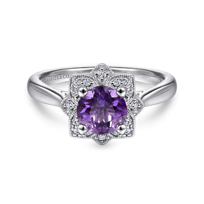 Promise Ring - Vintage Inspired 14K White Gold Round Amethyst and Diamond Flower Ring
