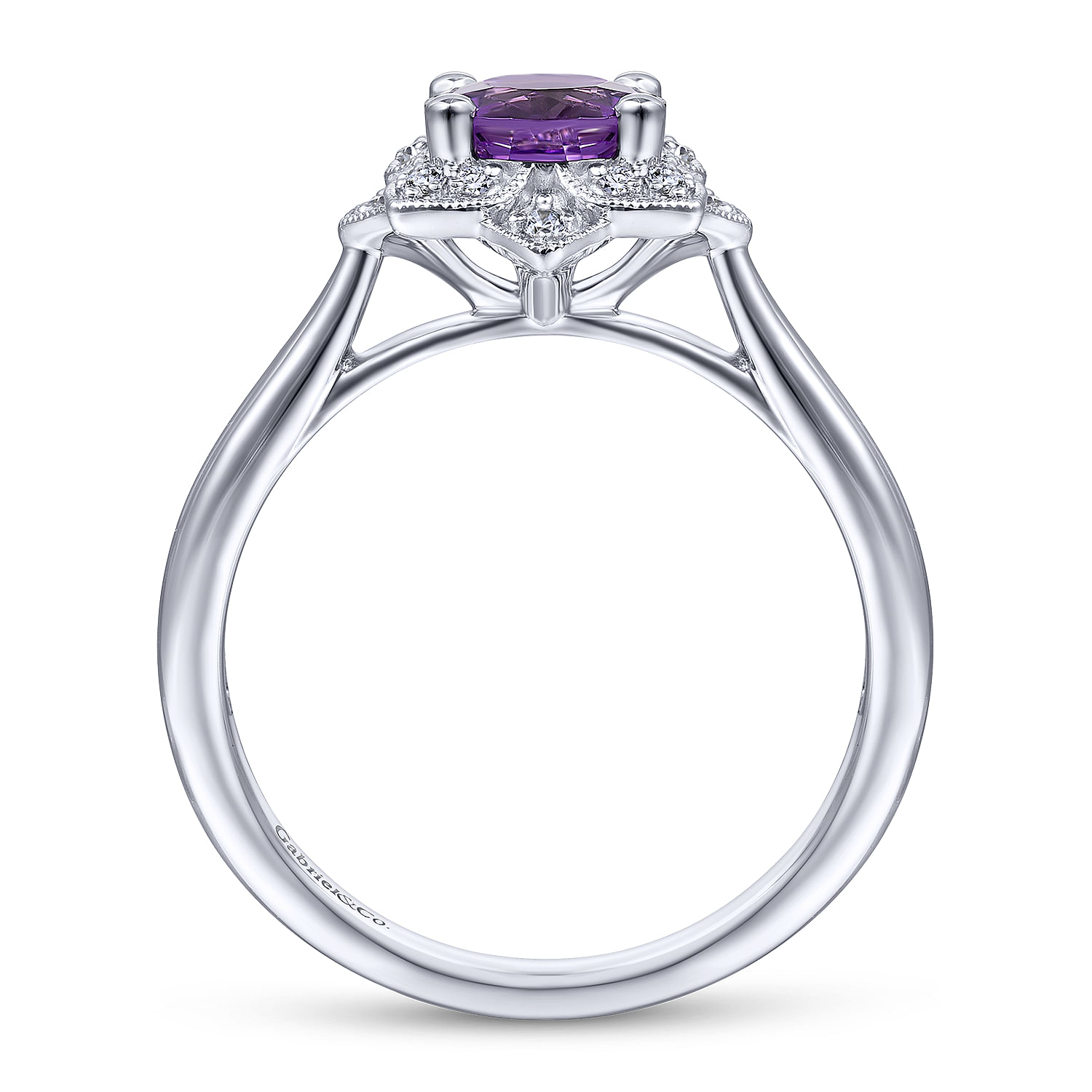 Promise Ring - Vintage Inspired 14K White Gold Round Amethyst and Diamond Flower Ring