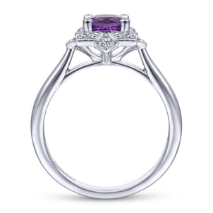 Promise Ring - Vintage Inspired 14K White Gold Round Amethyst and Diamond Flower Ring
