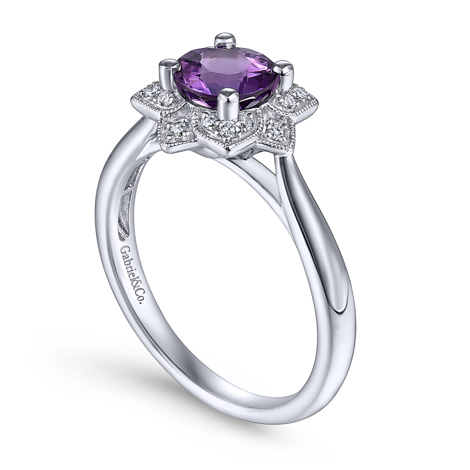 Promise Ring - Vintage Inspired 14K White Gold Round Amethyst and Diamond Flower Ring
