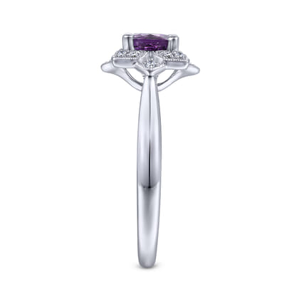 Promise Ring - Vintage Inspired 14K White Gold Round Amethyst and Diamond Flower Ring