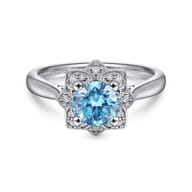 Promise Ring - Vintage Inspired 14K White Gold Round Blue Topaz and Floral Diamond Halo Promise Ring