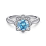 Promise Ring - Vintage Inspired 14K White Gold Round Blue Topaz and Floral Diamond Halo Promise Ring - 0.09 ct