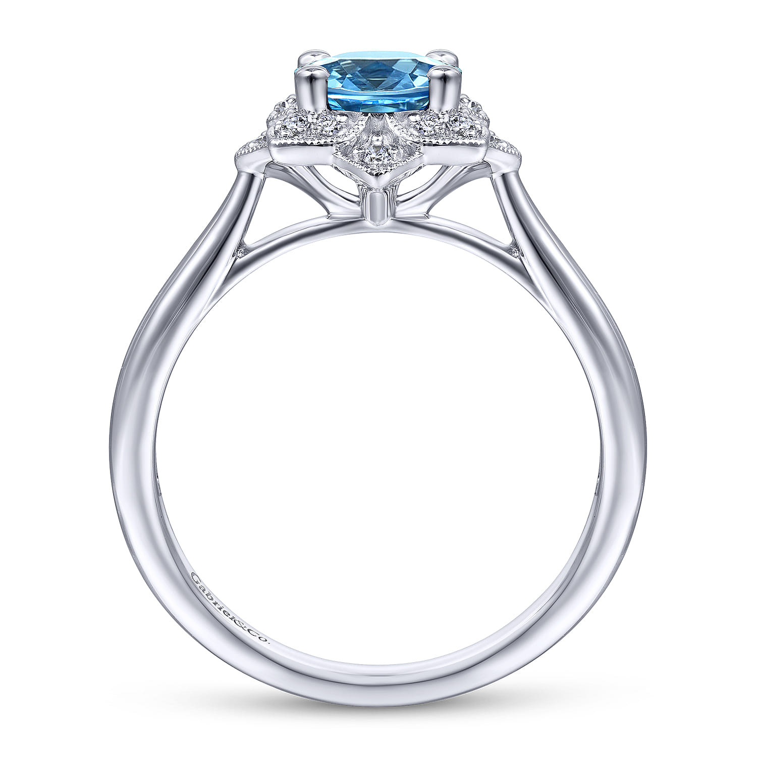 Promise Ring - Vintage Inspired 14K White Gold Round Blue Topaz and Floral Diamond Halo Promise Ring - 0.09 ct - Shot 2
