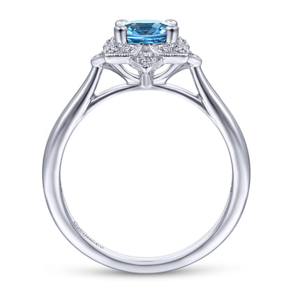 Promise Ring - Vintage Inspired 14K White Gold Round Blue Topaz and Floral Diamond Halo Promise Ring