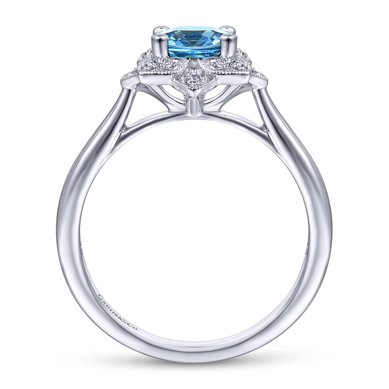 Promise Ring - Vintage Inspired 14K White Gold Round Blue Topaz and Floral Diamond Halo Promise Ring - 0.09 ct - Shot 2