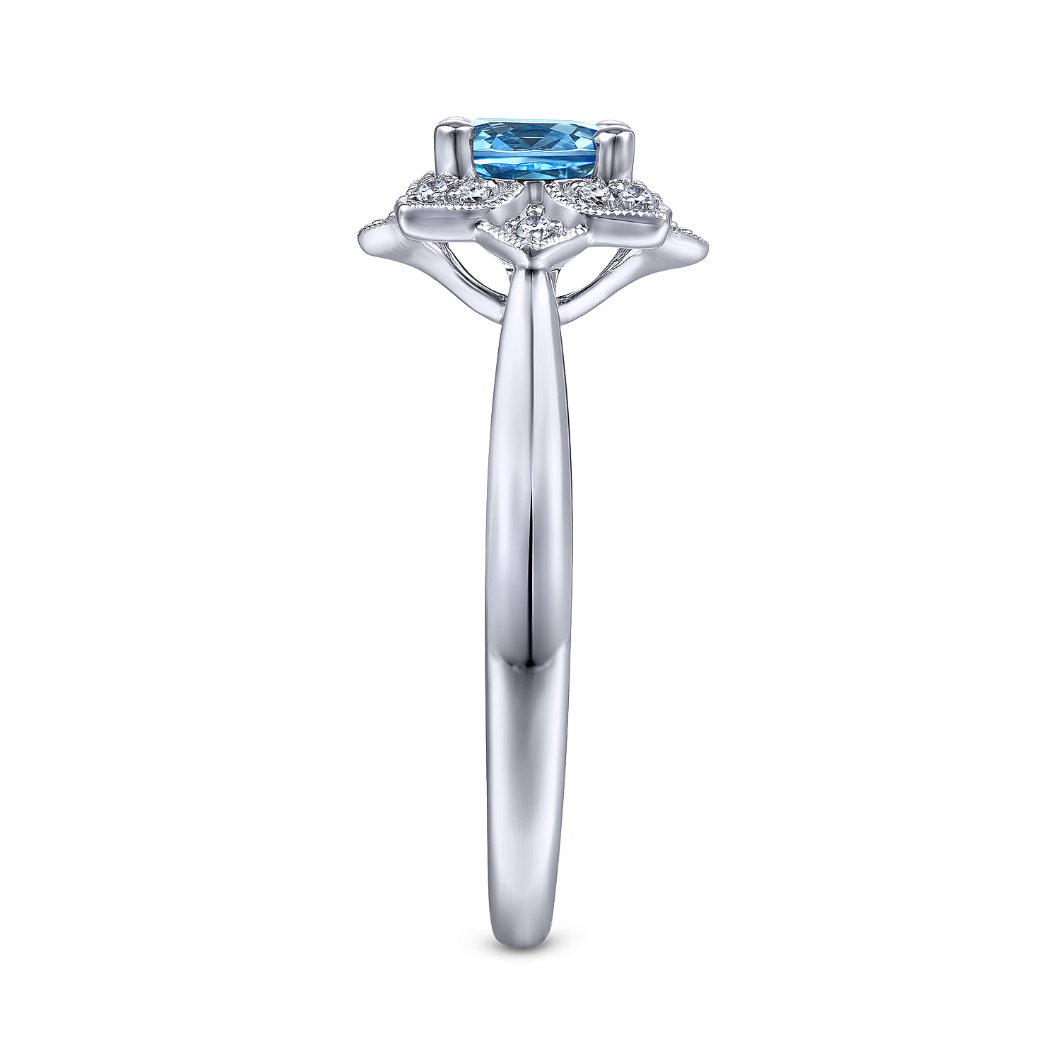Promise Ring - Vintage Inspired 14K White Gold Round Blue Topaz and Floral Diamond Halo Promise Ring - 0.09 ct - Shot 4