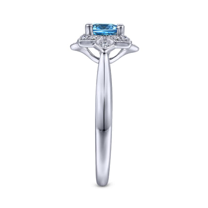 Promise Ring - Vintage Inspired 14K White Gold Round Blue Topaz and Floral Diamond Halo Promise Ring