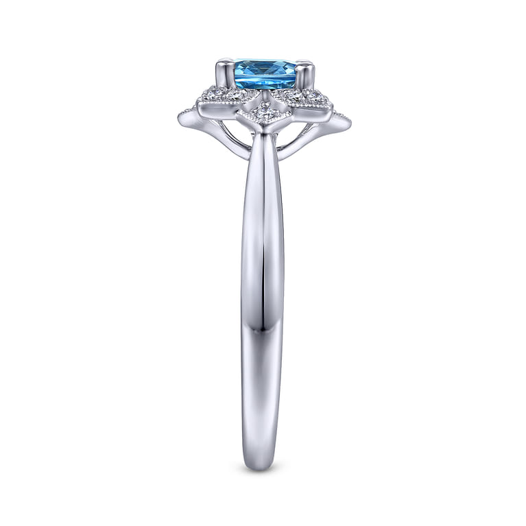 Promise Ring - Vintage Inspired 14K White Gold Round Blue Topaz and Floral Diamond Halo Promise Ring - 0.09 ct - Shot 4