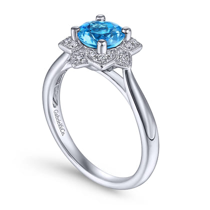 Promise Ring - Vintage Inspired 14K White Gold Round Blue Topaz and Floral Diamond Halo Ring
