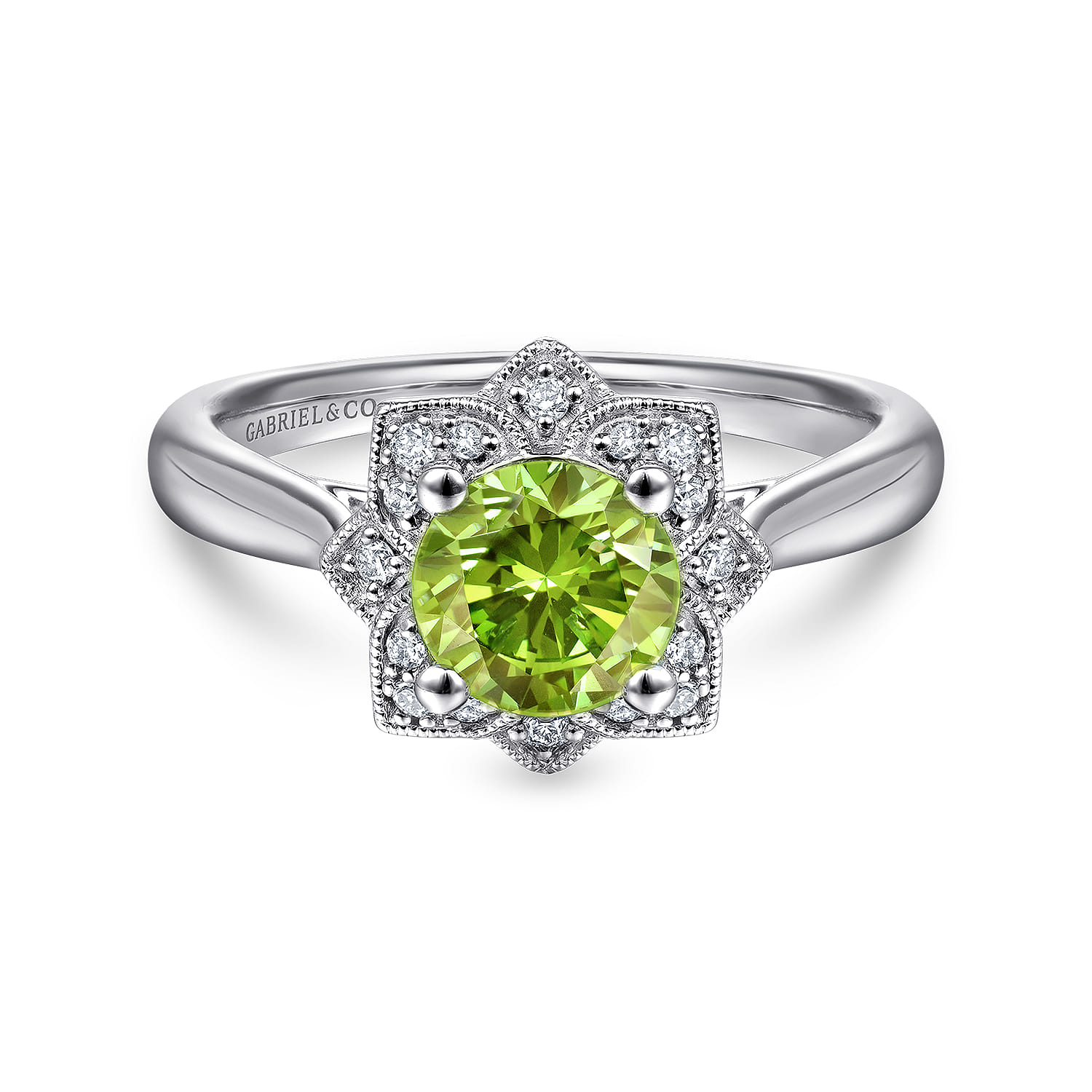 Promise Ring - Vintage Inspired 14K White Gold Round Peridot and Floral Diamond Halo Promise Ring - 0.09 ct - Shot 1