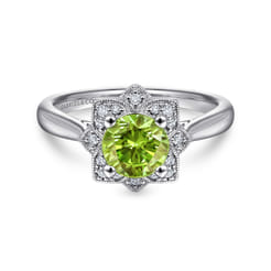 Promise Ring - Vintage Inspired 14K White Gold Round Peridot and Floral Diamond Halo Promise Ring