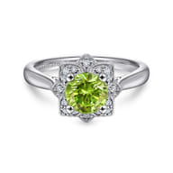 Promise Ring - Vintage Inspired 14K White Gold Round Peridot and Floral Diamond Halo Promise Ring